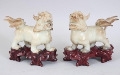 A PAIR OF 20TH CENTURY CHINESE JADE / SOAPSTONE LION