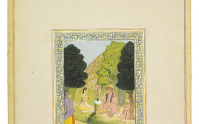 AN ALBUM PAGE: TWO LADIES VISITING AN ASCETIC, PROVINCIAL MUGHAL, NORTH INDIA, 18TH CENTURY