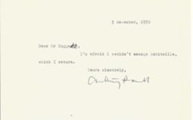 Anthony Powell typed letter signed by novelist Anthony Powell. Good Condition. All signed pieces come with a Certificate...