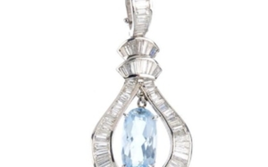 An aquamarine and diamond pendant. The oval-shape