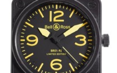 BELL & ROSS | A BLACK COATED STAINLESS STEEL SQUARE FORM AUTOMATIC CENTER SECONDS WRISTWATCH REF BR01 NO 372/500 YELLOW MILITARY SPEC CIRCA 2009