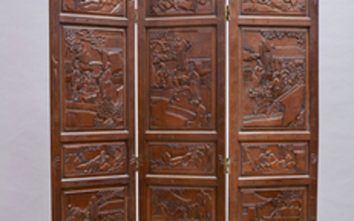 Pair Chinese Carved Wood Three-Panel Screens