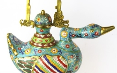 A Chinese cloisonne decorated gilt bronze wine ewer, H. 37cm.
