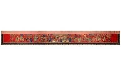 A CHINESE EMBROIDERED RED-GROUND 'PROCESSION' PANEL.