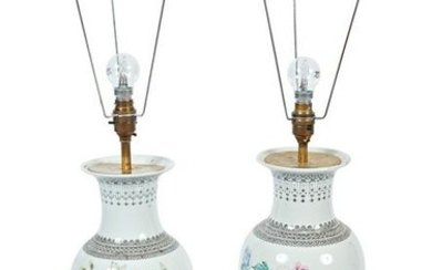 PAIR OF CHINESE FAMILLE ROSE VASE TABLE LAMPS