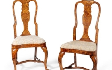A pair of Dutch walnut and marquetry chairs