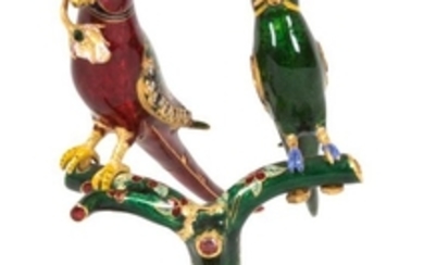 An Enameled and Jeweled Gilt Bronze Model of Two Birds in a Tree