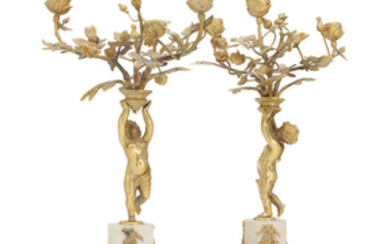 A PAIR OF FRENCH ORMOLU AND WHITE MARBLE THREE-LIGHT CANDELABRAS, LATE 19TH/EARLY 20TH CENTURY