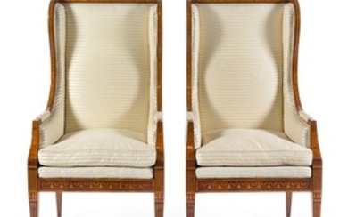 A Pair of Italian Marquetry and Parquetry Wingback Bergeres