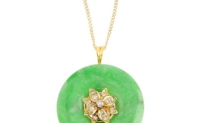 A jade and diamond pendant. The single-cut diamond
