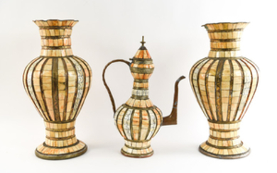 MIDDLE EASTERN BONE DECORATED VASES AND EWER