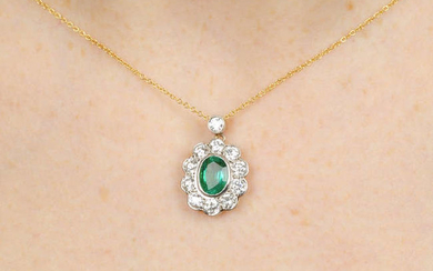 An oval-shape emerald and brilliant-cut diamond cluster pendant, on chain.