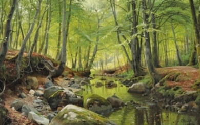 Peder Mønsted: A stream running through a beech forest on a spring day. Signed and dated P. Mønsted 1890. Oil on canvas. 47 x 64 cm.