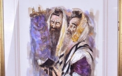 A Polish study of two Rabbis pen and watercolour on paper, indistinctly signed and marked 'Lask, Poland' to lower left,...