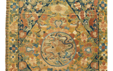 A rare and large silk 'dragons and Buddhist lions' hanging