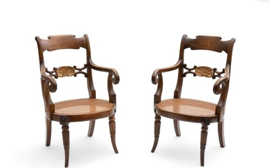 Pair of Regency parcel gilt beechwood armchairs