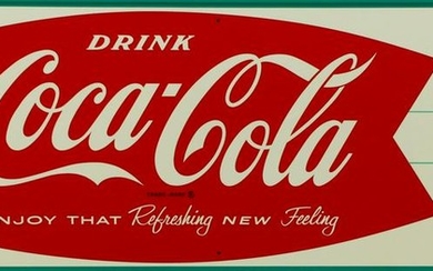 A SUPER CLEAN COCA-COLA FISH TAIL TIN ADVERTISING SIGN