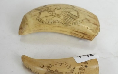 Two Scrimshaw Tooth Carvings, One Double-Sided