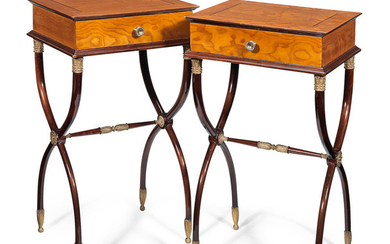 A pair of French stained elm and mahogany side tables