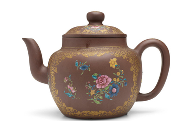 A LARGE AND UNUSUAL ENAMELED YIXING TEAPOT