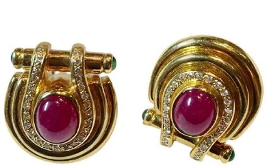 Cabochon Ruby and Emerald Diamond Gold Earrings