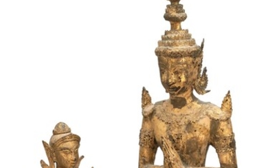 TWO THAI GILT-BRONZE FIGURES OF KNEELING BUDDHAS Heights 10" and 19.5".