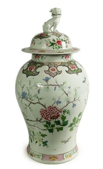 A 19TH CENTURY CHINESE FAMILLE ROSE COUNTRY HOUSE VASE AND COVER OF LARGE PROPORTIONS