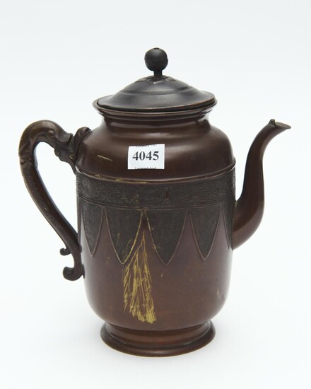 A 19TH CENTURY SIGNED ORIENTAL BRONZE TEAPOT WITH SERPENT HANDLE, 22 CM HIGH
