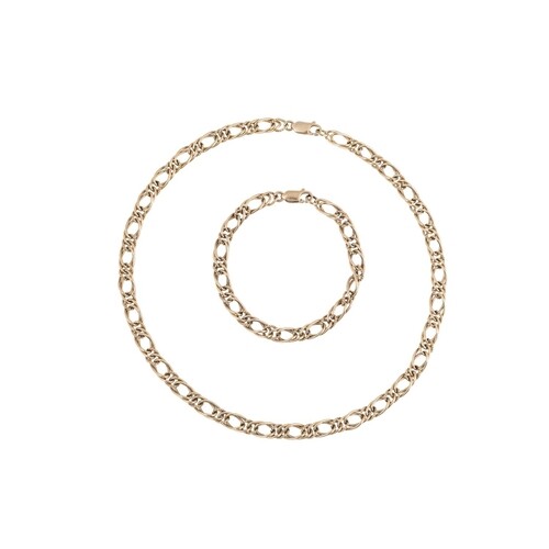 A 9CT GOLD FANCY LINK NECKLACE, with matching bracelet, 39.9...