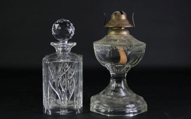 A Bohemia Glass Decanter Together with A Glass Kerosene Lamp (Missing Flume)