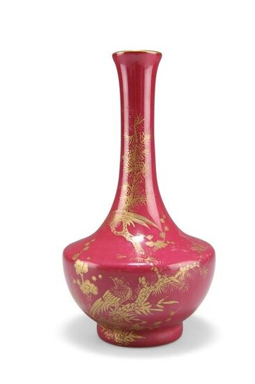 A CHINESE RUBY RED-GLAZED VASE, bottle-shaped, gilded