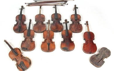 A COLLECTION OF 9 VIOLINS AND 8 VIOLIN BOWS includ