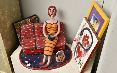 A COLLECTION OF CONTEMPORARY ART AND SULPTURE, INCLUDING A FIGURE BY R. MOORE