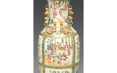 A Chinese Canton famille rose vase, 19th c, applied with gil...