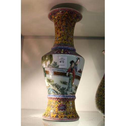 A Chinese Famille Jaune baluster shaped vase, the body decor...