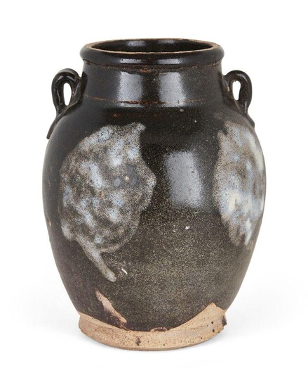 A Chinese Lushan phosphatic splash-glazed jar, Tang dynasty, with two ring handles, the exterior covered in a lustrous dark brown glaze decorated with milky-blue phosphatic splashes ending in an irregular line near the foot, 19cm high