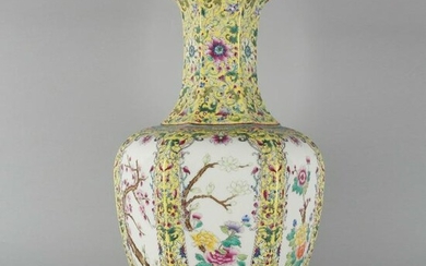 A Chinese Yellow Ground Floral Porcelain Hexagon Vase