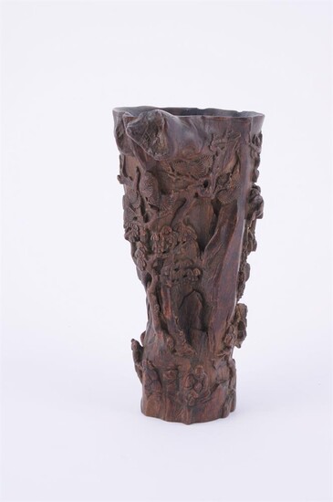 A Chinese carved wood brush pot