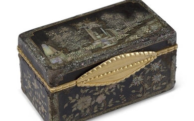 A Chinese export mother-of-pearl inlaid black lacquer box, mid-19th century, with gilt-brass flange and thumbpiece, the inlaid mother-of-pearl decoration depicting a garden to top, blossoming flowers to sides and temple to underside, 4.7cm high...