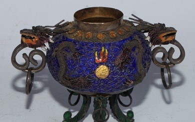 A Chinese silver and enamel tripod censer, decorated in poly...