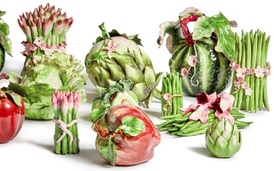 A Collection of Twenty-One Katherine Houston Trompe l'oeil Porcelain Vegetable Table Decorations, Modern