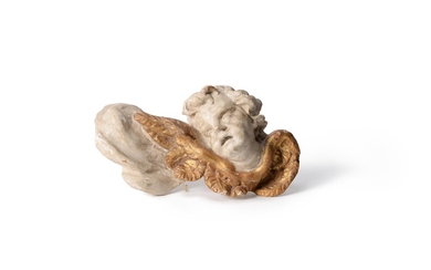 A Continental painted and giltwood wall mount modelled as a cherub's head