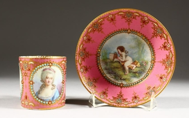 A FINE 19TH CENTURY SEVRES CUP AND SAUCER, rose