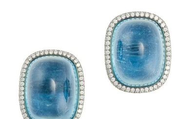 A FINE PAIR OF AQUAMARINE AND DIAMOND EARRINGS each set with a cabochon aquamarine of approximately