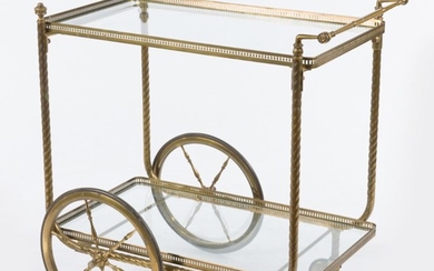 A FRENCH BRASS AUTO TROLLEY OF RECTANGULAR SHAPE WITH TWO TIERS, 78CM H X 76CM L X 53CM W