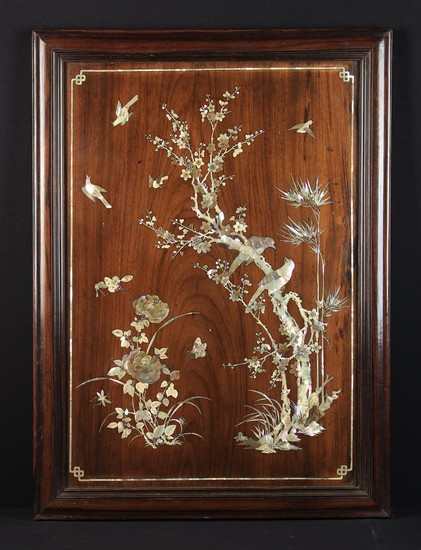 A Fine 19th Century Padouk Wood Panel inlaid with mother-of-pearl intricately engraved with details