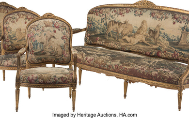 A Four-Piece Louis XVI Carved Giltwood Fauteuil and Canapé Suite with Aubusson Tapestry Upholstery (circa 1780)