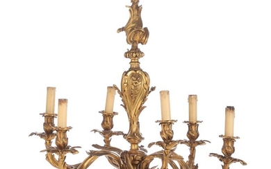 A French 19th century Neo Rococo gilt bronze six-light chandelier, richly cast...