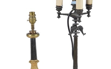 A French or Italian patinated bronze four light candelabrum in Pompeian Revival taste