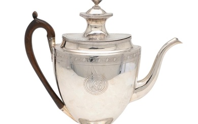 A GEORGE III VASE-SHAPED SILVER COFFEE POT. with engraved bo...
